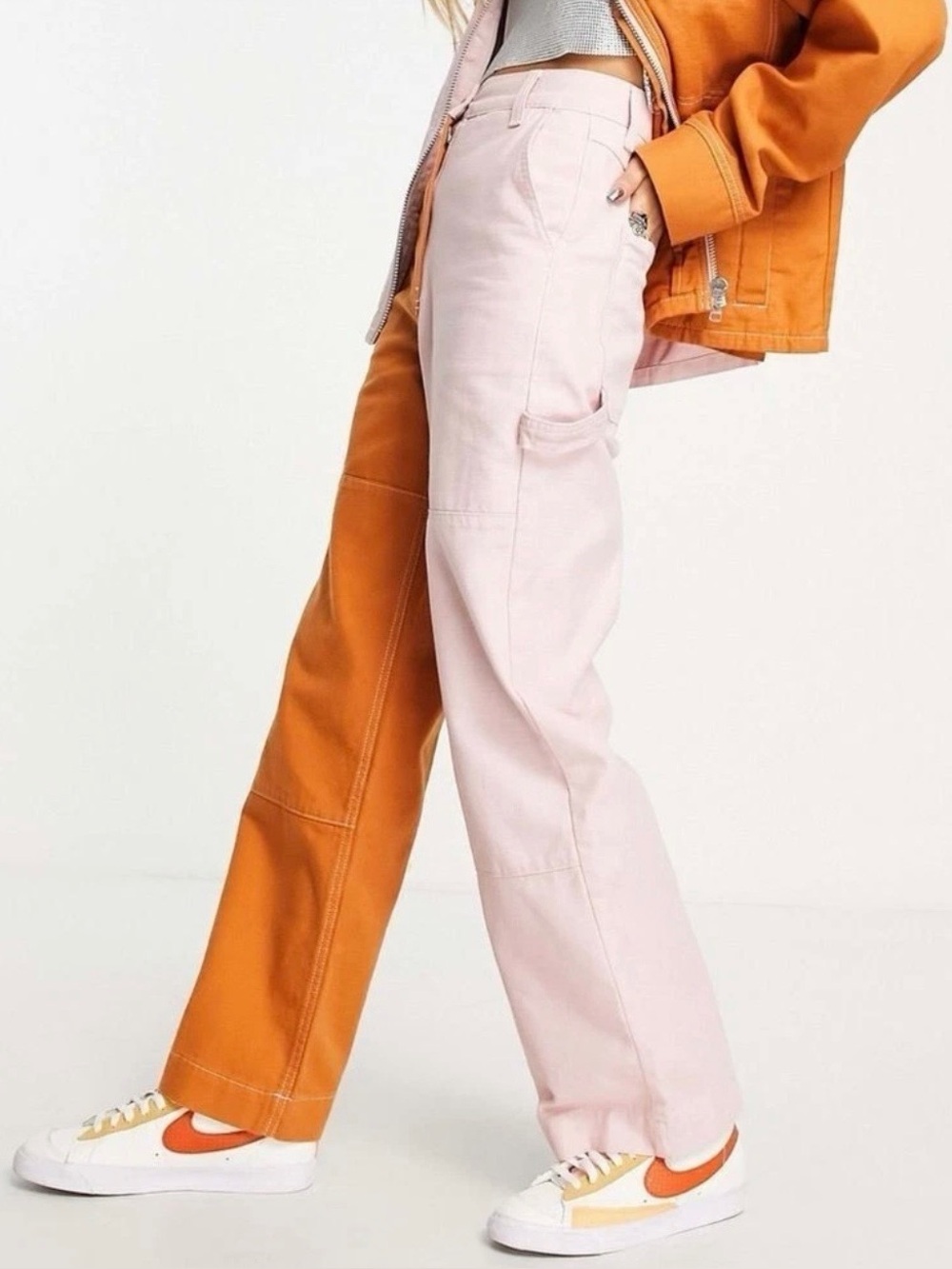 Topshop Two-Tone Wide Leg Utility Pants in Pale Pink